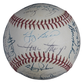 High Grade 1973 National League Champions New York Mets Team Signed ONL Feeney Baseball With 29 Signatures Including Mays & Berra (JSA)